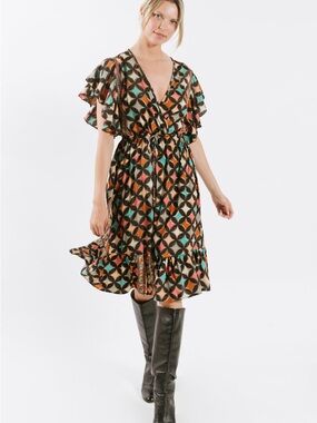 RAGA Multi-Color Geometric V-Neck Midi Dress